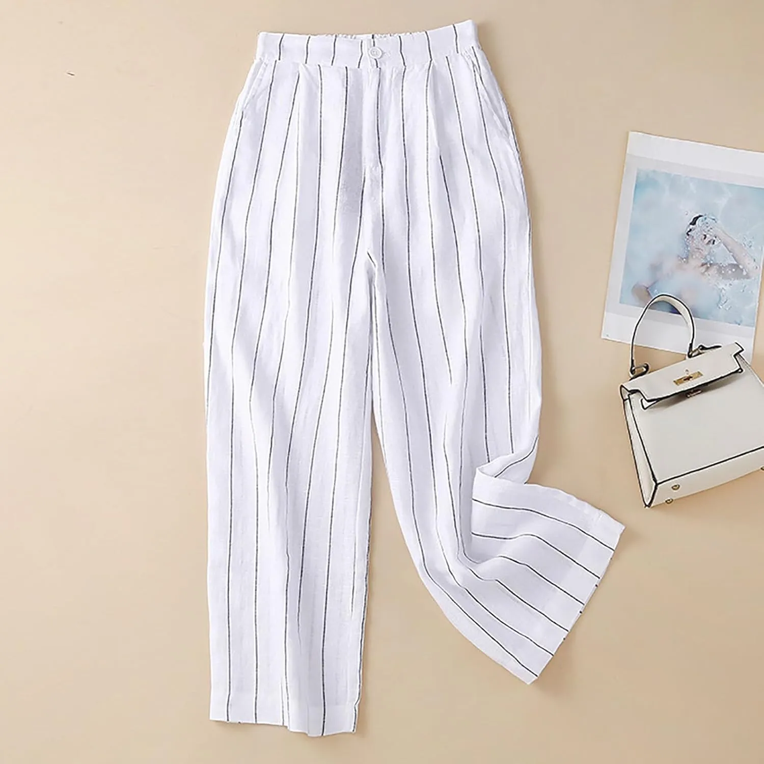 Womens Stripes Pants Elastic Waist Cotton Linen Straight Pants Casual Loose Fit Going Out Trouser Pants for Ladies