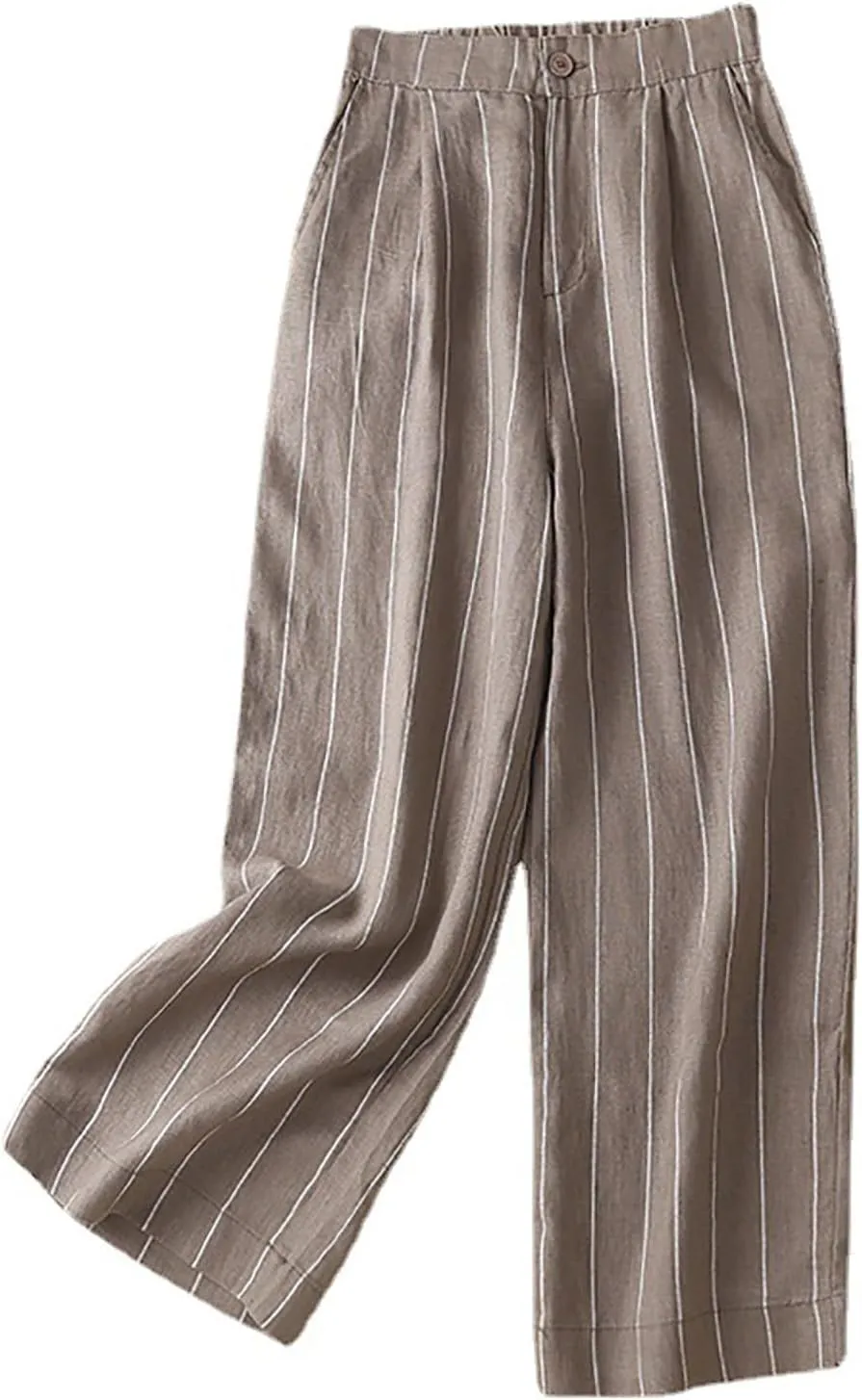 Womens Stripes Pants Elastic Waist Cotton Linen Straight Pants Casual Loose Fit Going Out Trouser Pants for Ladies