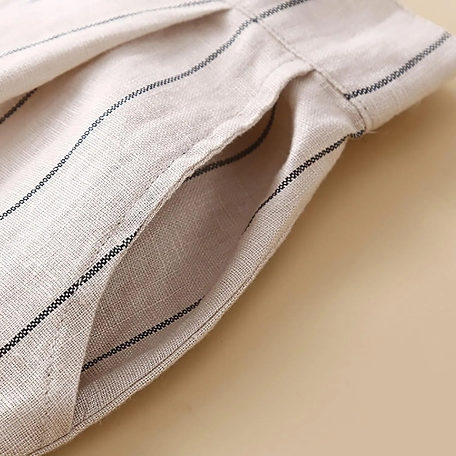 Womens Stripes Pants Elastic Waist Cotton Linen Straight Pants Casual Loose Fit Going Out Trouser Pants for Ladies