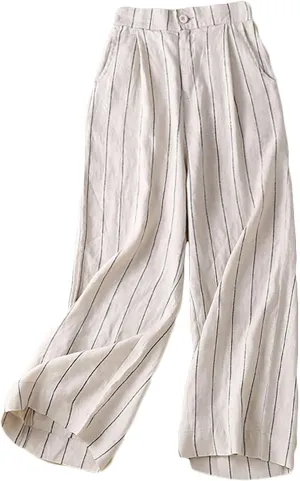 Womens Stripes Pants Elastic Waist Cotton Linen Straight Pants Casual Loose Fit Going Out Trouser Pants for Ladies