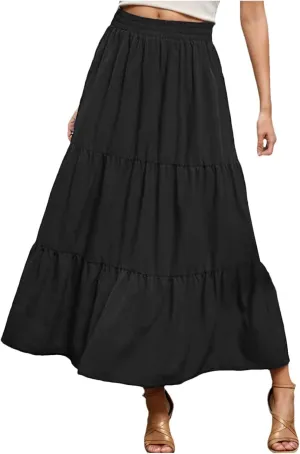 WomenS Summer Boho Flowy Skirt Swing Tiered A-Line Maxi Skirt 2025 Fashion Ruffle Elastic High Waist Beach Skirts