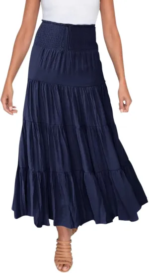 Women's Summer Boho Maxi Skirt A-Line Flowy Swing Ruffle Tiered Elastic High Waist Dress Casual Beach Pleated Skirt