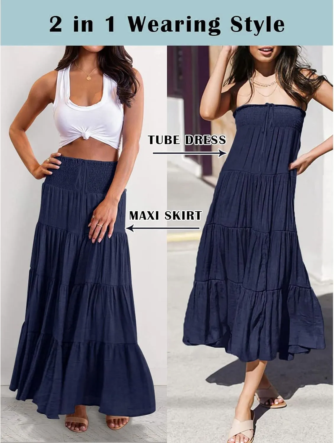 Women's Summer Boho Maxi Skirt A-Line Flowy Swing Ruffle Tiered Elastic High Waist Dress Casual Beach Pleated Skirt