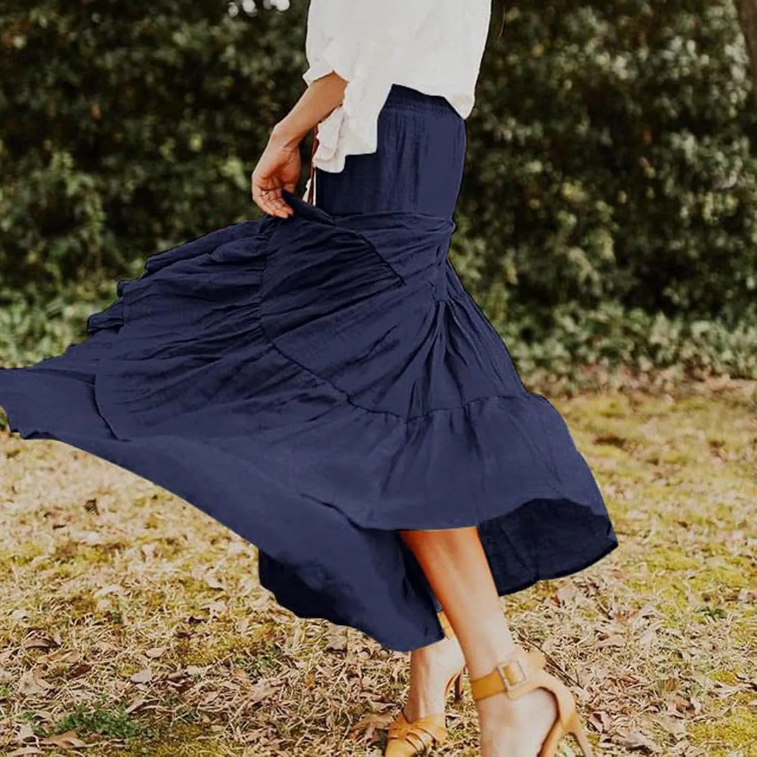 Women's Summer Boho Maxi Skirt A-Line Flowy Swing Ruffle Tiered Elastic High Waist Dress Casual Beach Pleated Skirt