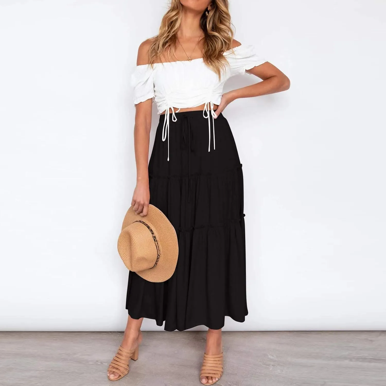 Women's Summer Boho Maxi Skirt A-Line Flowy Swing Ruffle Tiered Elastic High Waist Dress Casual Beach Pleated Skirt