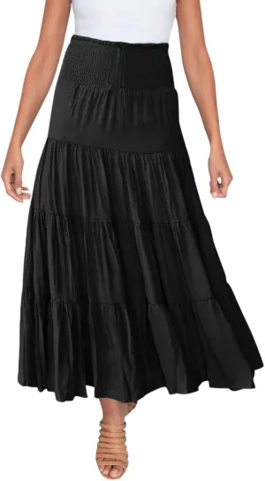 Women's Summer Boho Maxi Skirt A-Line Flowy Swing Ruffle Tiered Elastic High Waist Dress Casual Beach Pleated Skirt