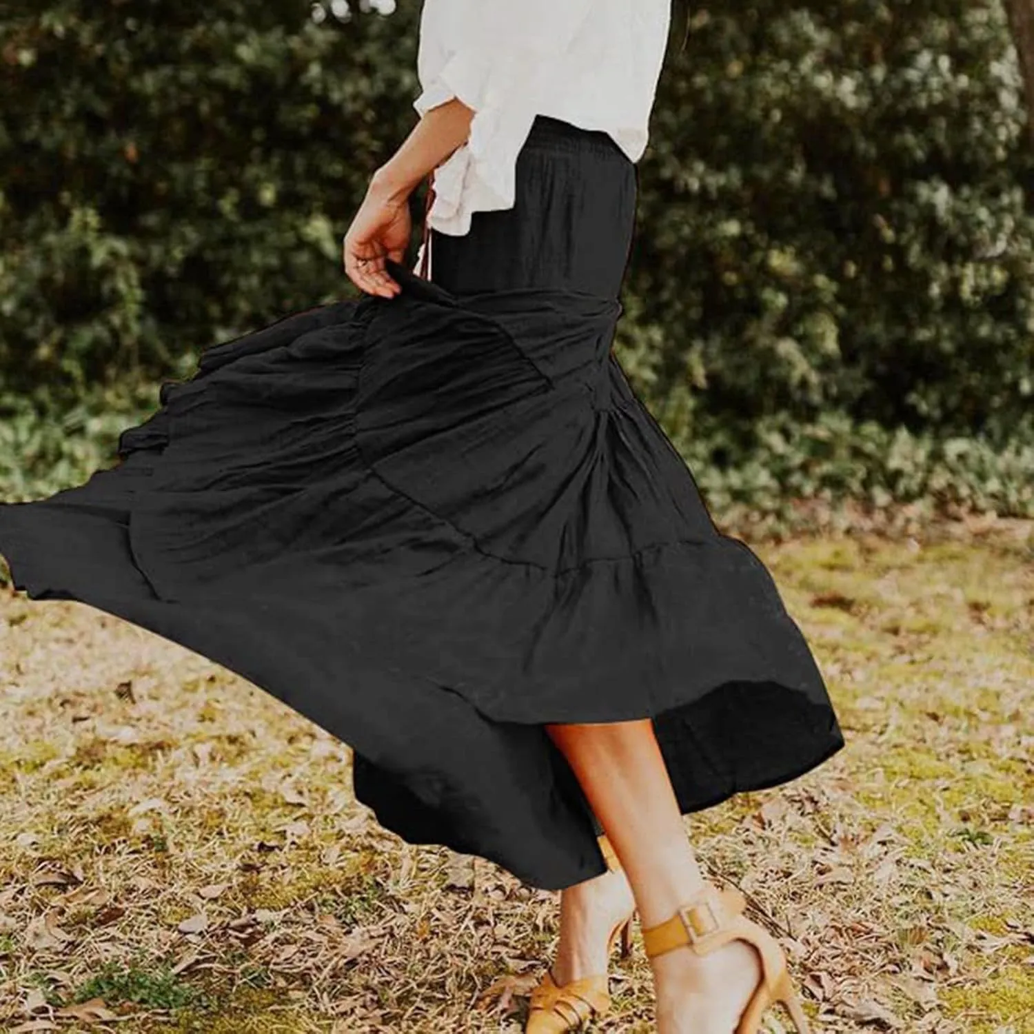 Women's Summer Boho Maxi Skirt A-Line Flowy Swing Ruffle Tiered Elastic High Waist Dress Casual Beach Pleated Skirt