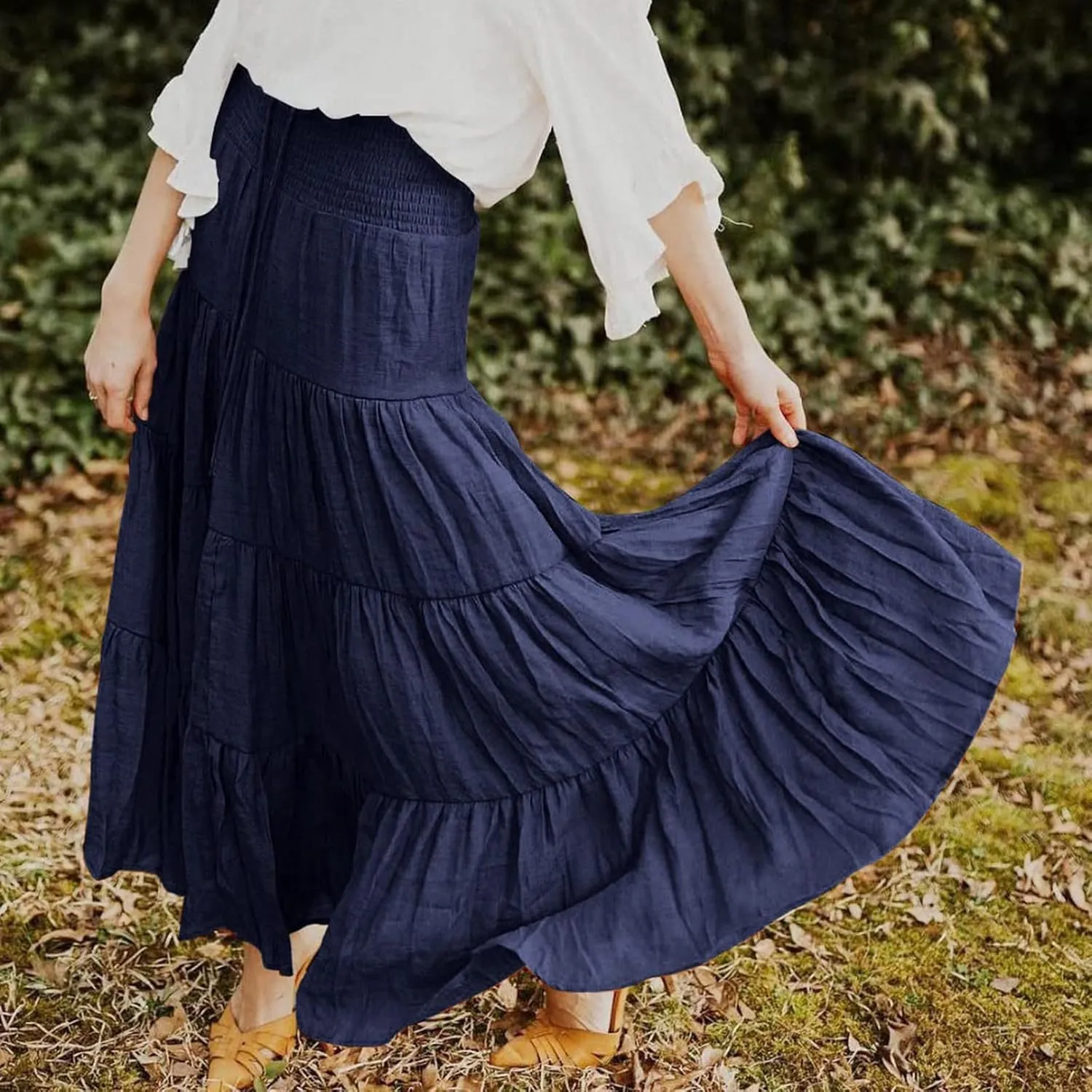 Women's Summer Boho Maxi Skirt A-Line Flowy Swing Ruffle Tiered Elastic High Waist Dress Casual Beach Pleated Skirt