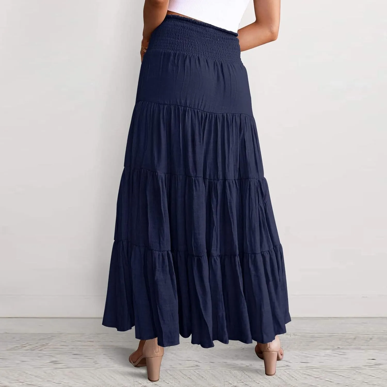 Women's Summer Boho Maxi Skirt A-Line Flowy Swing Ruffle Tiered Elastic High Waist Dress Casual Beach Pleated Skirt