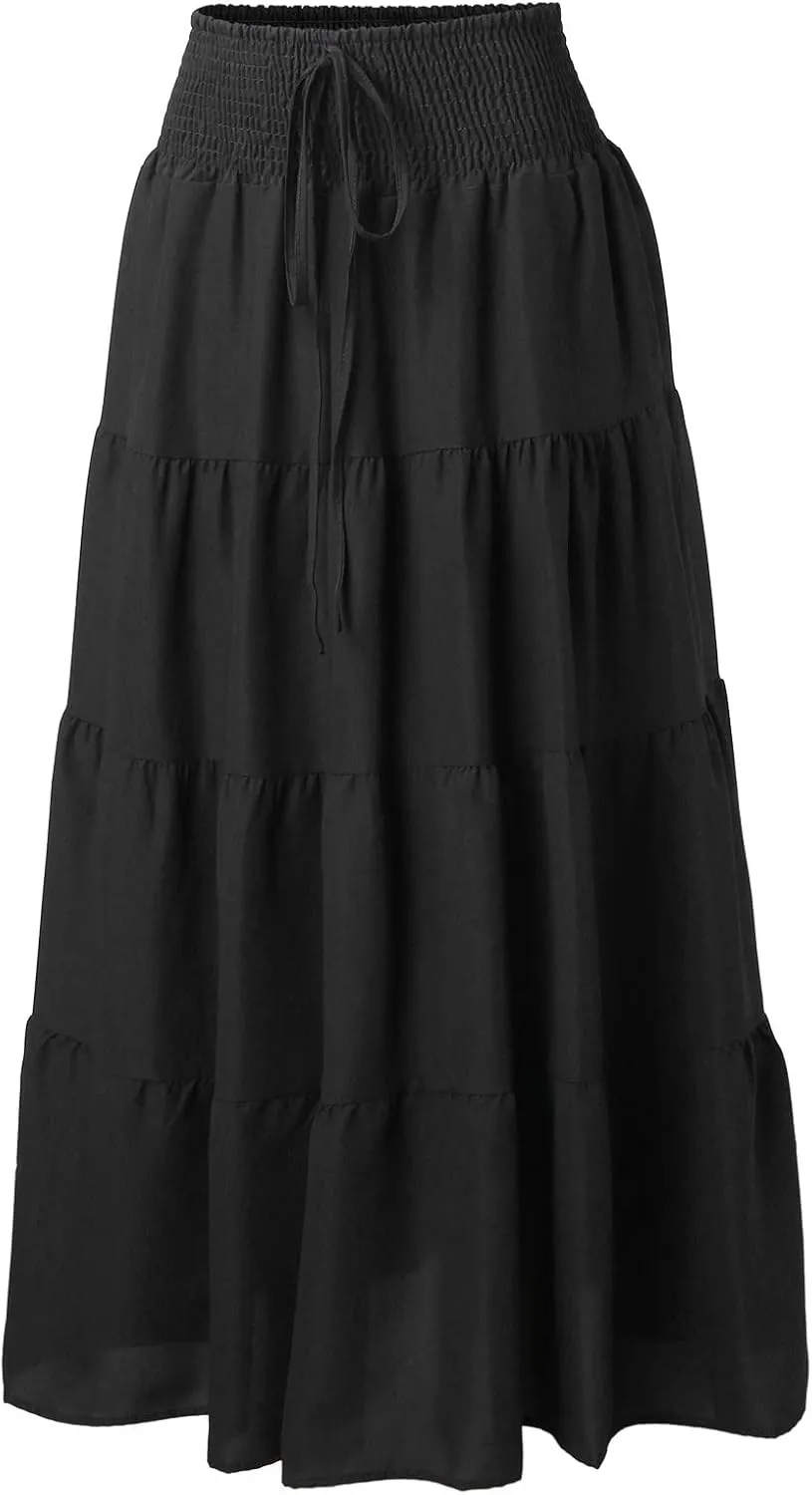 Women's Summer Boho Maxi Skirt A-Line Flowy Swing Ruffle Tiered Elastic High Waist Dress Casual Beach Pleated Skirt