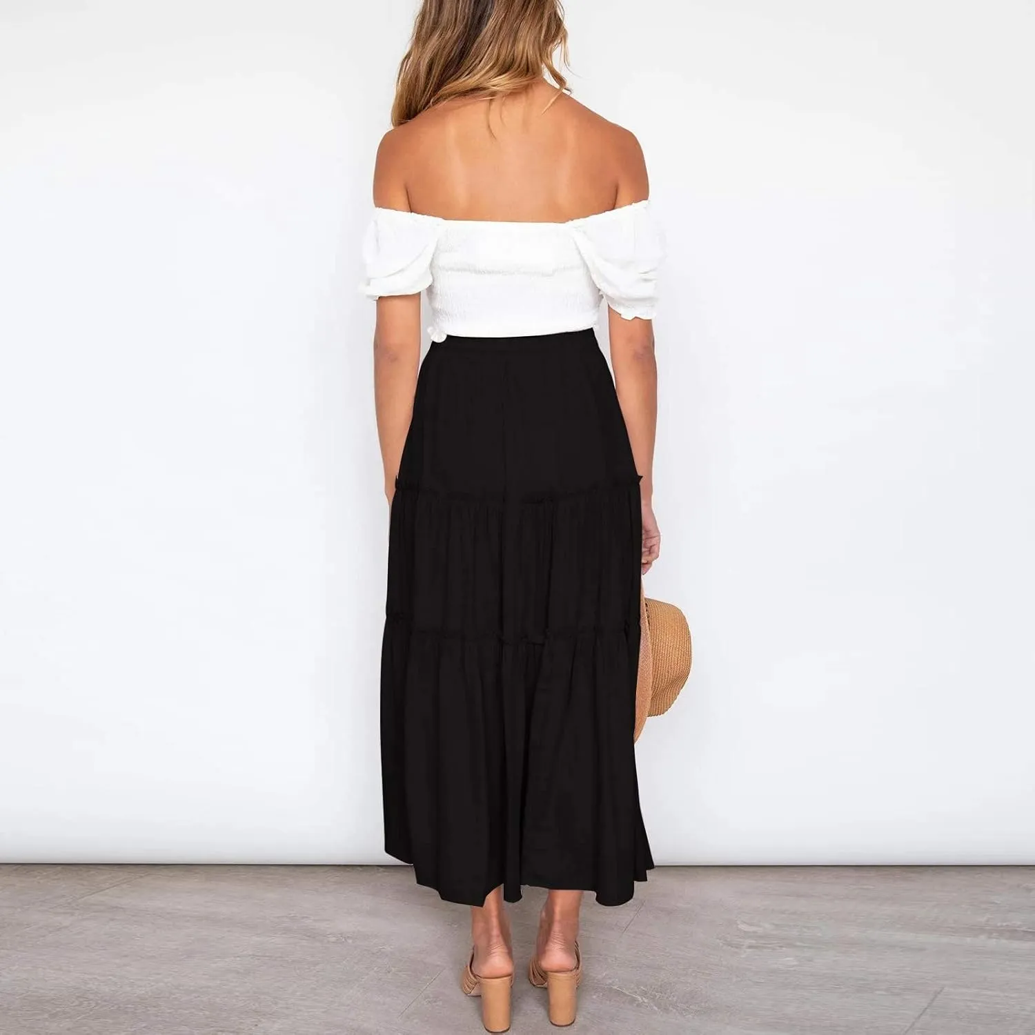 Women's Summer Boho Maxi Skirt A-Line Flowy Swing Ruffle Tiered Elastic High Waist Dress Casual Beach Pleated Skirt