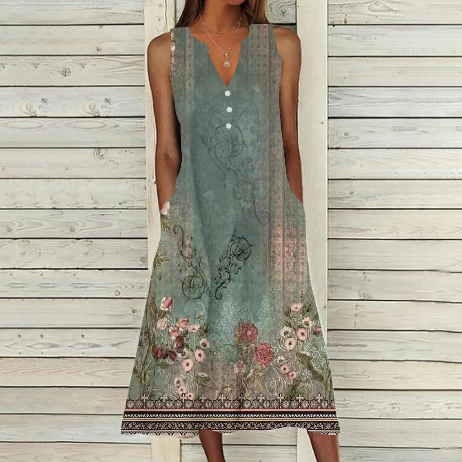 Womens Summer Design Casual Dress Fashion Floral Printed Sleeveless Button V-Neck 2025 Dress Long Dress with Pockets