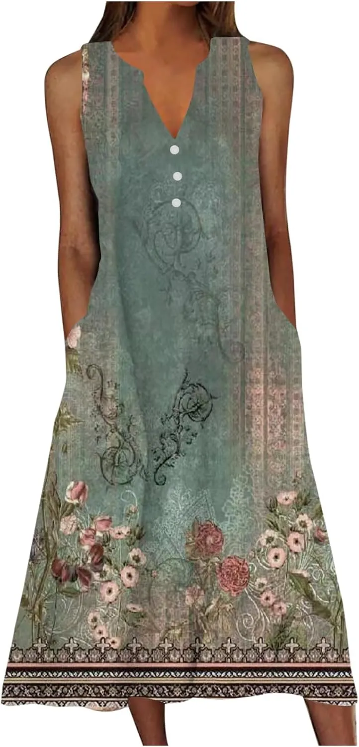 Womens Summer Design Casual Dress Fashion Floral Printed Sleeveless Button V-Neck 2025 Dress Long Dress with Pockets