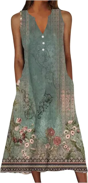 Womens Summer Design Casual Dress Fashion Floral Printed Sleeveless Button V-Neck 2025 Dress Long Dress with Pockets