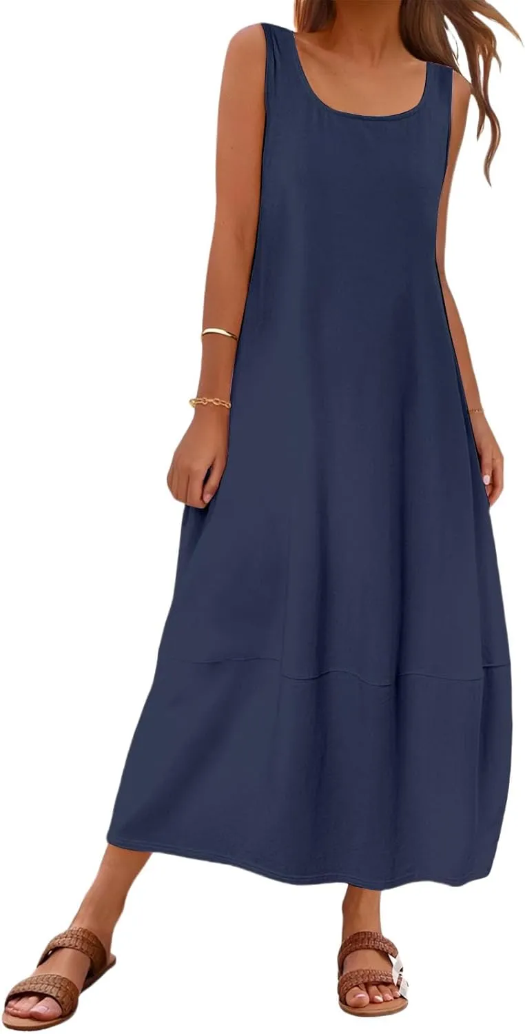 Womens Summer Dress Square Neck Pleated Swing Casual Maxi Dresses Sexy Sleeveless Long Dress Beach Party Dresses 2025
