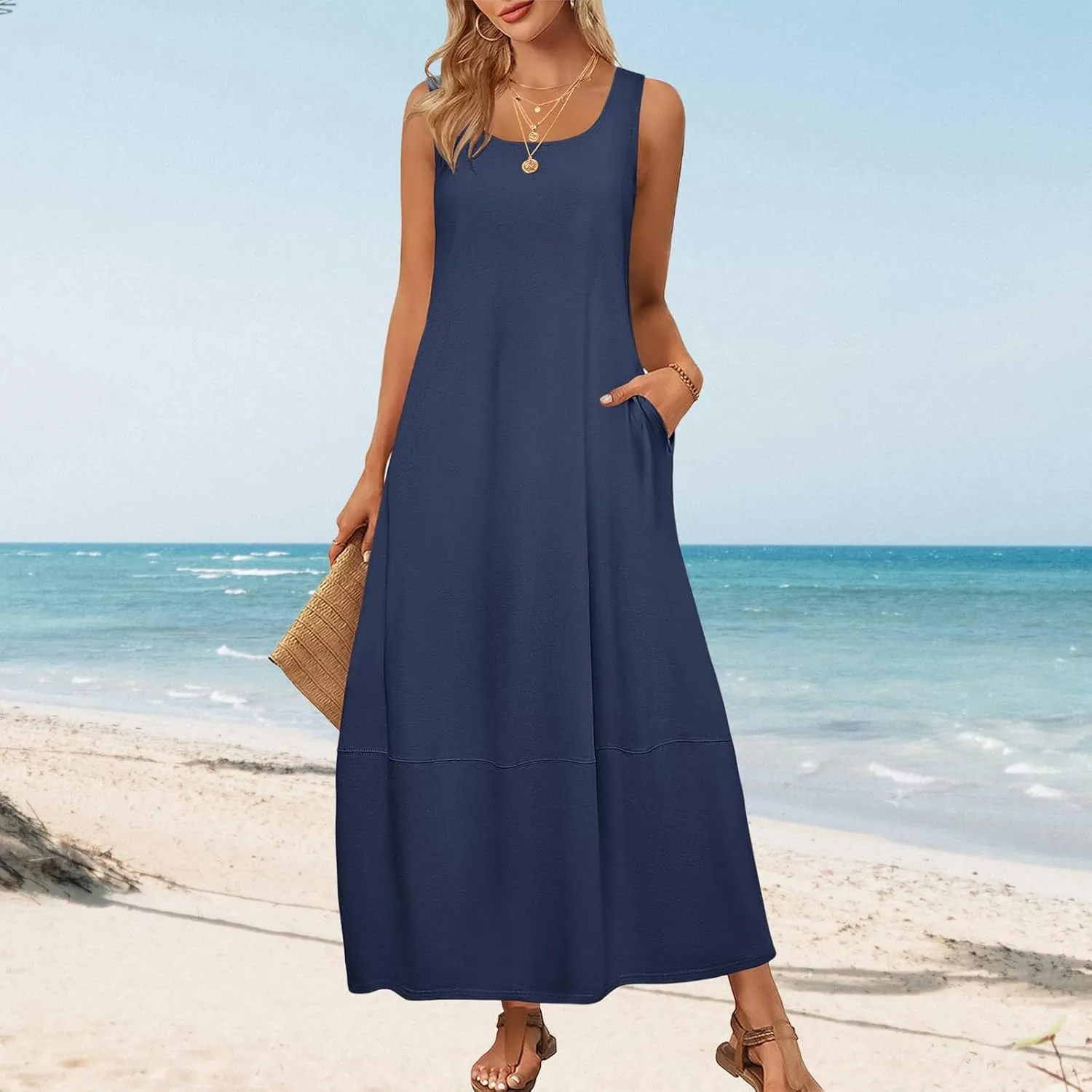 Womens Summer Dress Square Neck Pleated Swing Casual Maxi Dresses Sexy Sleeveless Long Dress Beach Party Dresses 2025