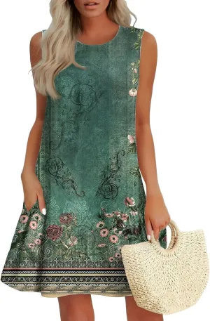 Women's Summer Dresses Casual Loose Sleeveless Dress for Women Tshirt Sundress Ruffle Hem Tank Dress Beach Dress with Pockets