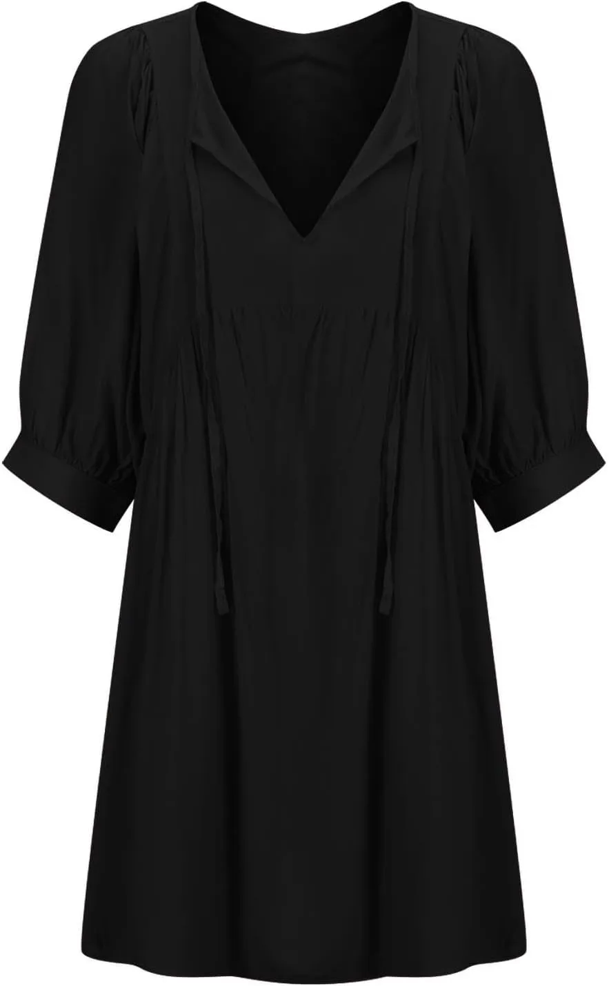 Women's Summer Dresses Casual V Neck Puff Sleeve Babydoll Dress Half Open Collar Loose Knee Length Flowy Beach Dresses