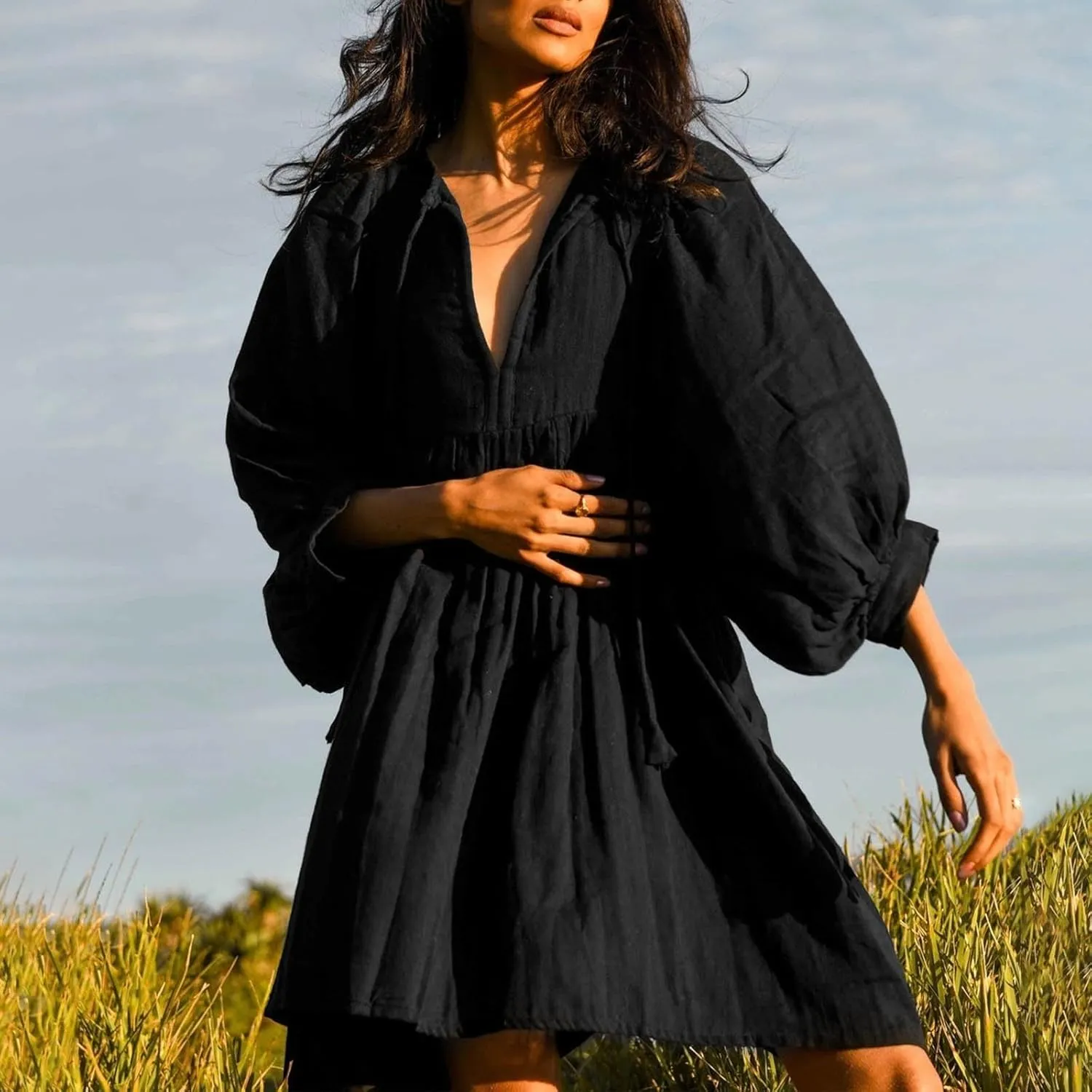 Women's Summer Dresses Casual V Neck Puff Sleeve Babydoll Dress Half Open Collar Loose Knee Length Flowy Beach Dresses