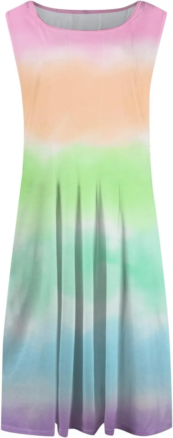 Women's Summer Dresses Cute Sundress Pleated Dress Tank Dress Sleeveless Fashion Wrap Dresses A Line with Pockets