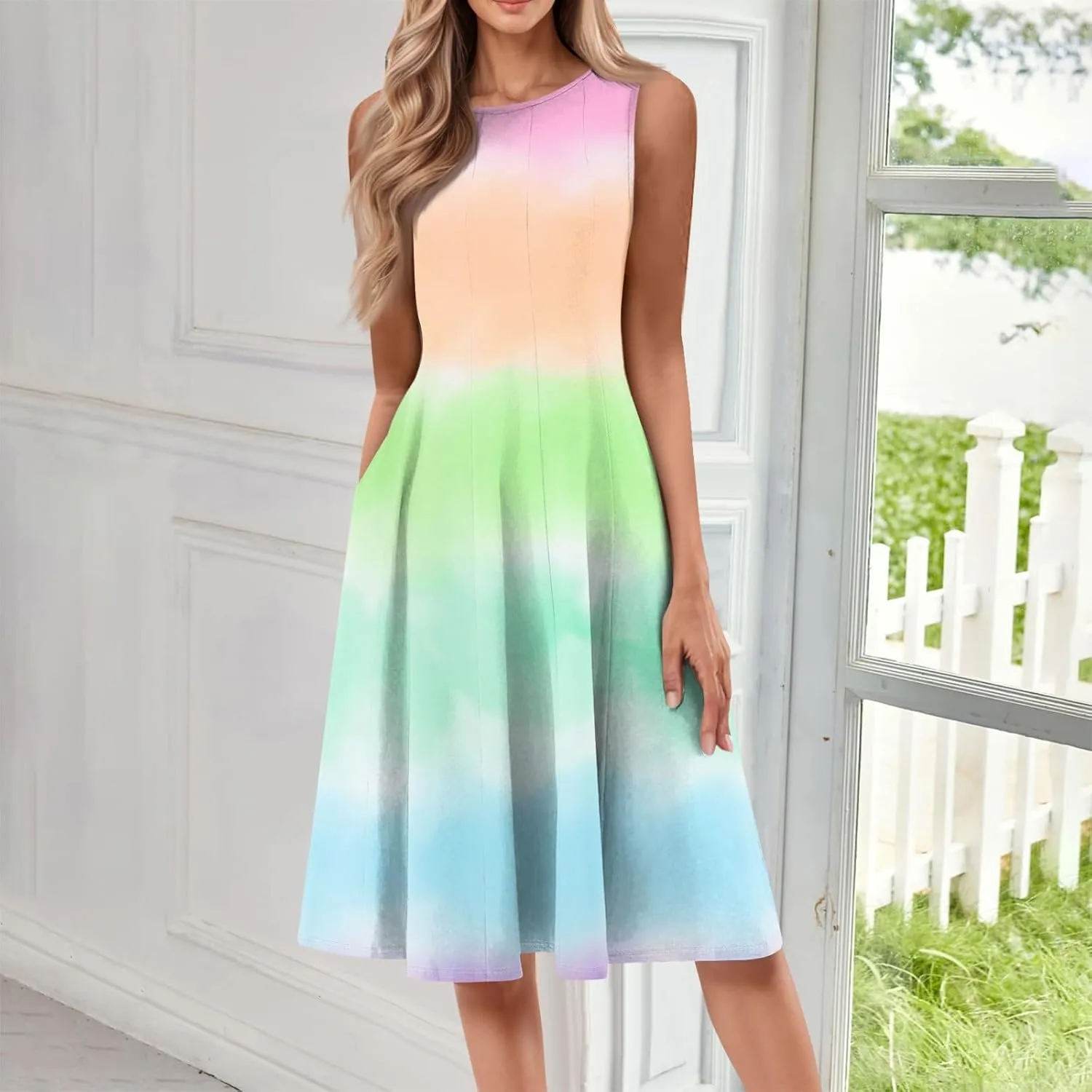 Women's Summer Dresses Cute Sundress Pleated Dress Tank Dress Sleeveless Fashion Wrap Dresses A Line with Pockets