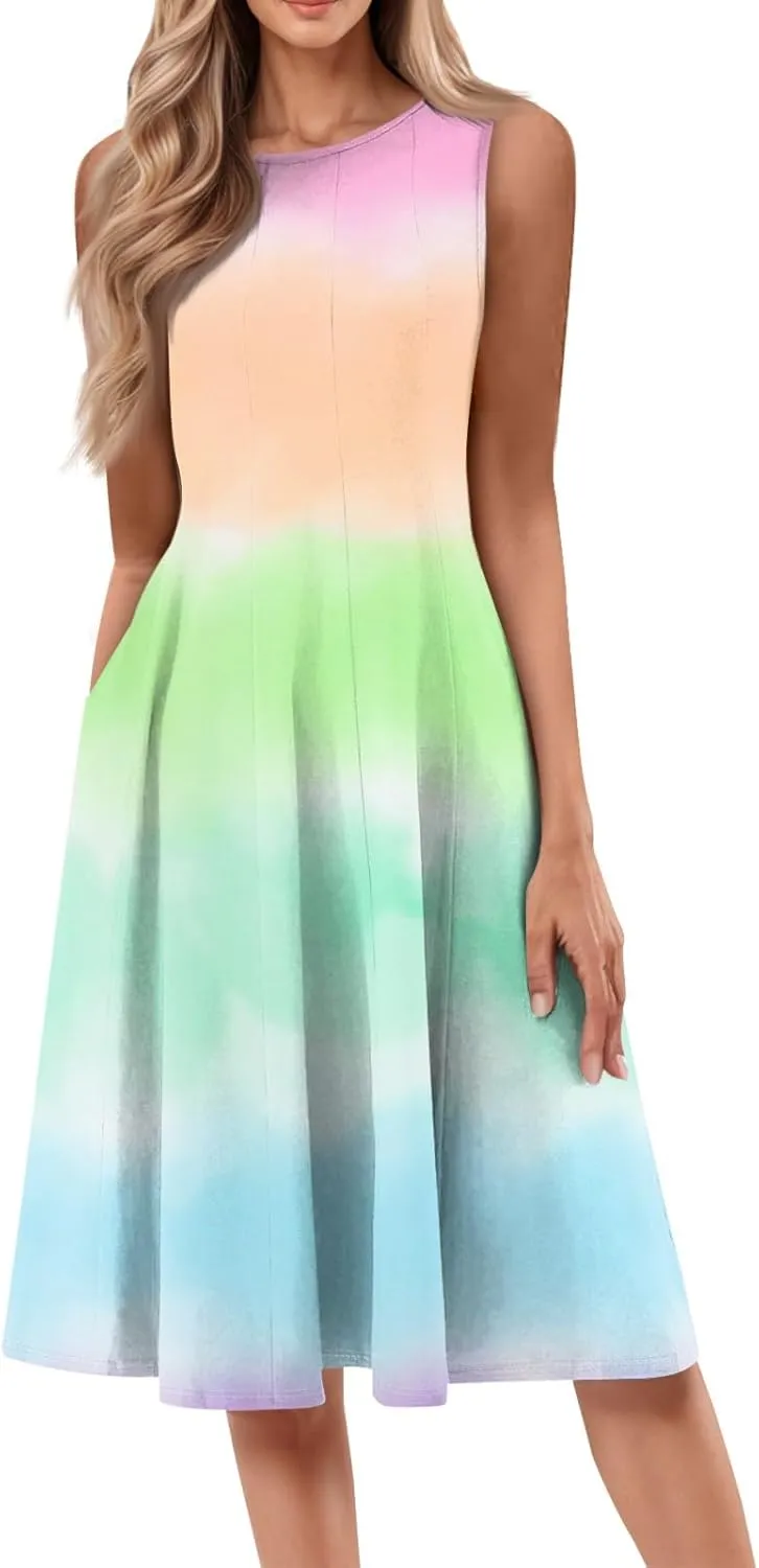 Women's Summer Dresses Cute Sundress Pleated Dress Tank Dress Sleeveless Fashion Wrap Dresses A Line with Pockets