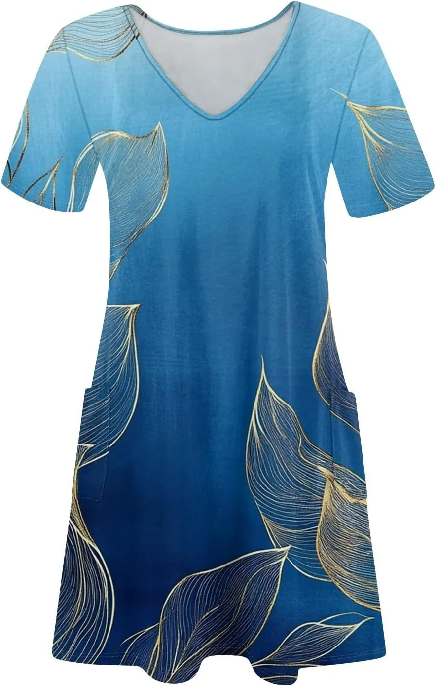 Womens Summer Dresses Short Sleeve V Neck Trendy Casual Boho T Shirt Dress for Women with Pockets