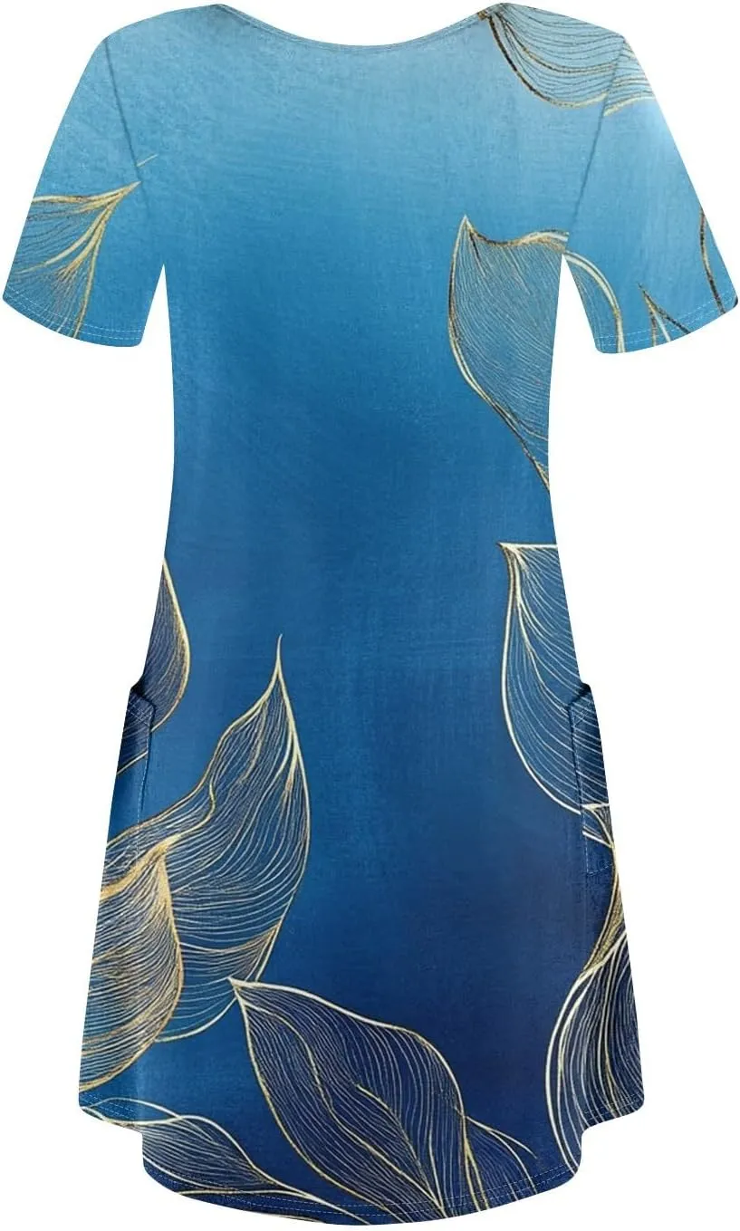 Womens Summer Dresses Short Sleeve V Neck Trendy Casual Boho T Shirt Dress for Women with Pockets