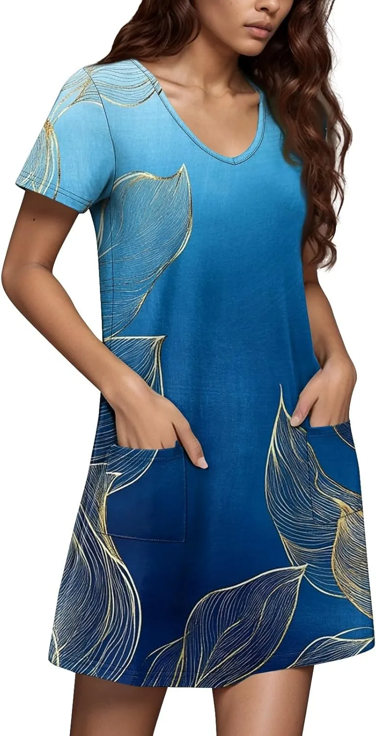 Womens Summer Dresses Short Sleeve V Neck Trendy Casual Boho T Shirt Dress for Women with Pockets