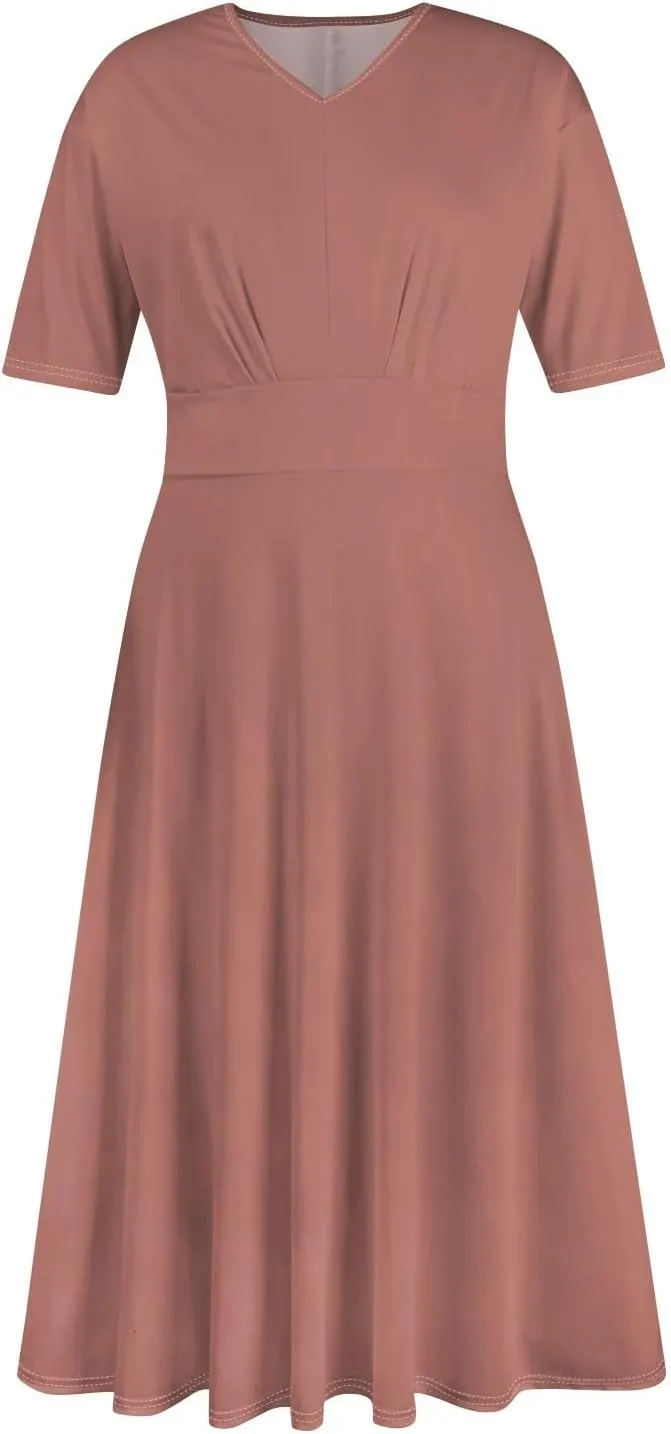 Womens Summer Dresses Summer Solid Color V-Neck Tshirt Dress Beach Flowy Short Sleeve Dress Aline Casual Midi Dresses