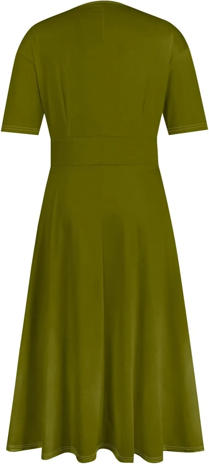Womens Summer Dresses Summer Solid Color V-Neck Tshirt Dress Beach Flowy Short Sleeve Dress Aline Casual Midi Dresses