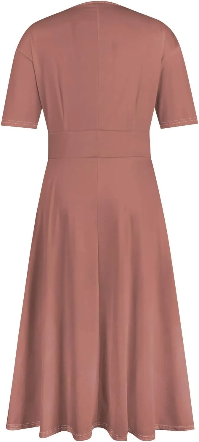 Womens Summer Dresses Summer Solid Color V-Neck Tshirt Dress Beach Flowy Short Sleeve Dress Aline Casual Midi Dresses