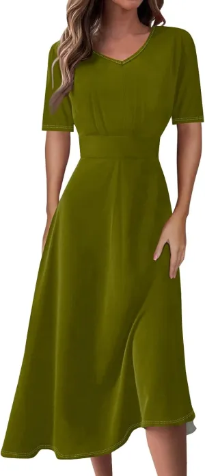 Womens Summer Dresses Summer Solid Color V-Neck Tshirt Dress Beach Flowy Short Sleeve Dress Aline Casual Midi Dresses