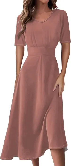 Womens Summer Dresses Summer Solid Color V-Neck Tshirt Dress Beach Flowy Short Sleeve Dress Aline Casual Midi Dresses