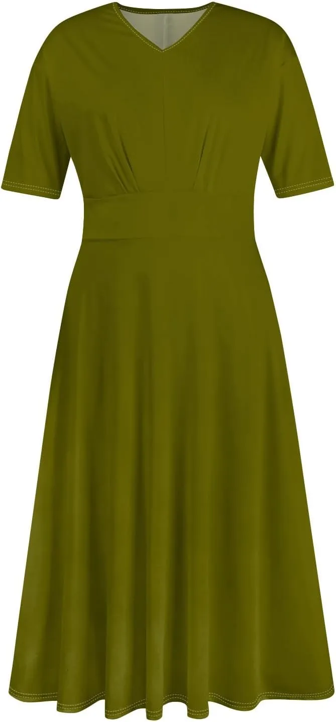 Womens Summer Dresses Summer Solid Color V-Neck Tshirt Dress Beach Flowy Short Sleeve Dress Aline Casual Midi Dresses