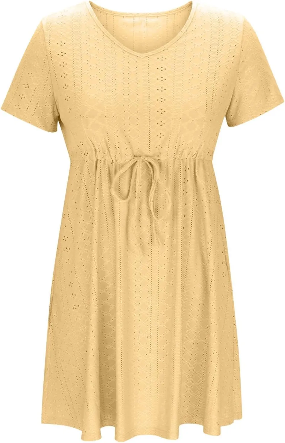 Womens Summer Eyelet Dresses Short Sleeve V Neck Drawstring Waist Dress Casual Swing Mini Dress A Line Wrap Sundress