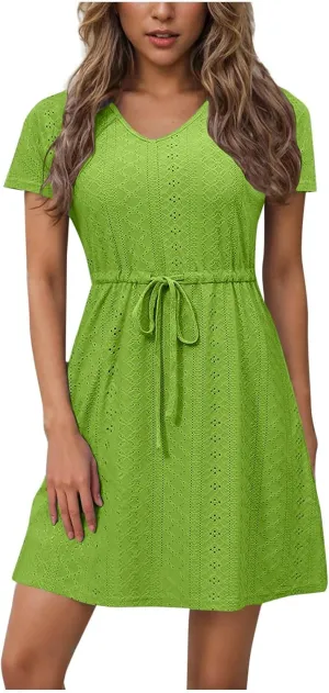 Womens Summer Eyelet Dresses Short Sleeve V Neck Drawstring Waist Dress Casual Swing Mini Dress A Line Wrap Sundress