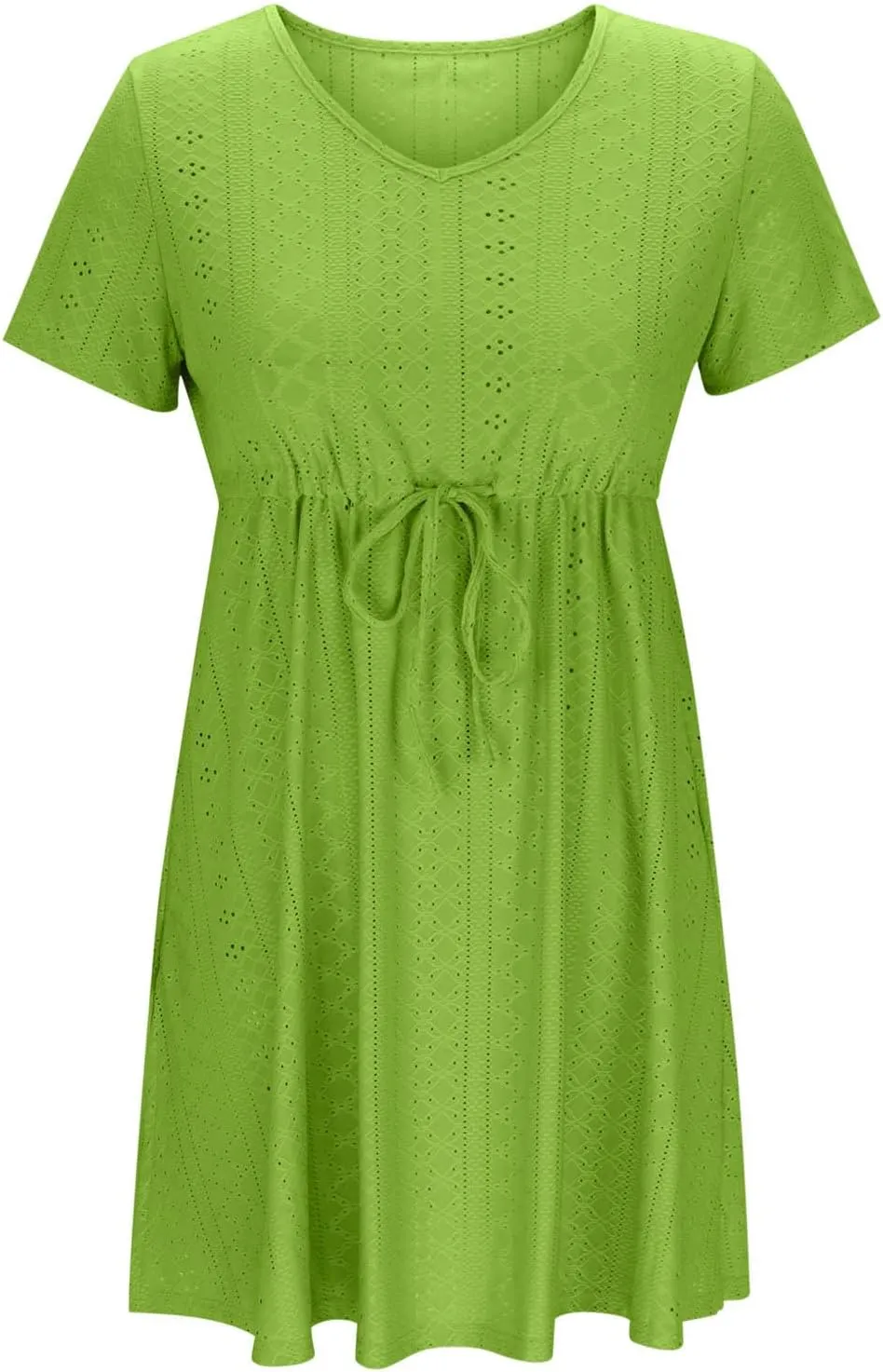 Womens Summer Eyelet Dresses Short Sleeve V Neck Drawstring Waist Dress Casual Swing Mini Dress A Line Wrap Sundress
