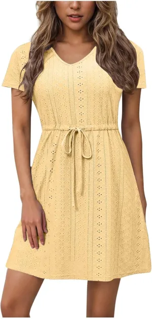 Womens Summer Eyelet Dresses Short Sleeve V Neck Drawstring Waist Dress Casual Swing Mini Dress A Line Wrap Sundress