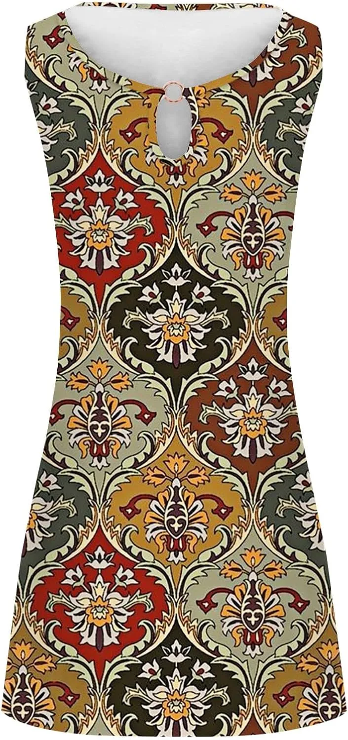 Women's Summer Floral Dress 2025 Keyhole Sleeveless Sundress Casual Boho Trendy Dresses Vacation Outfits