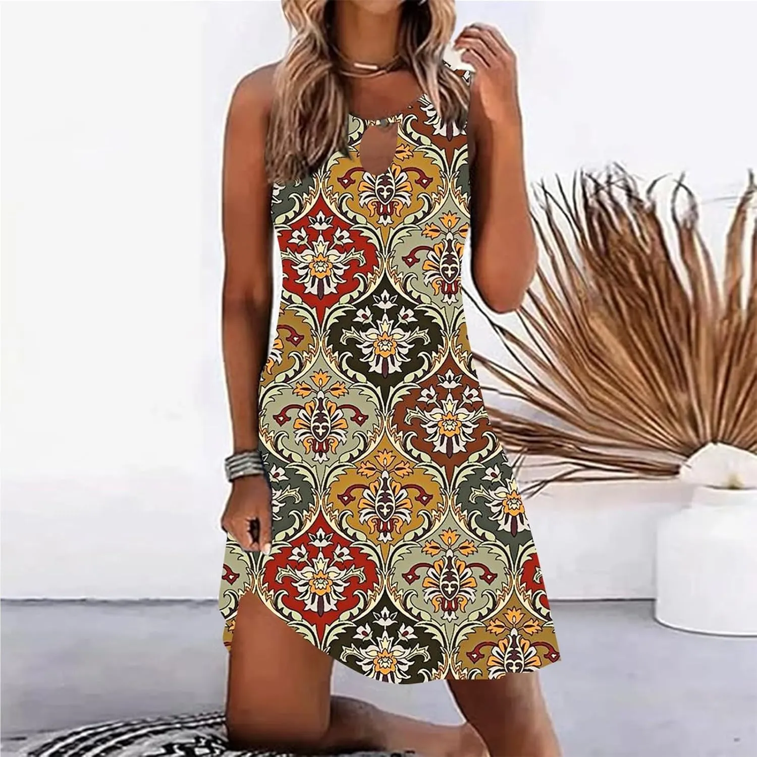Women's Summer Floral Dress 2025 Keyhole Sleeveless Sundress Casual Boho Trendy Dresses Vacation Outfits