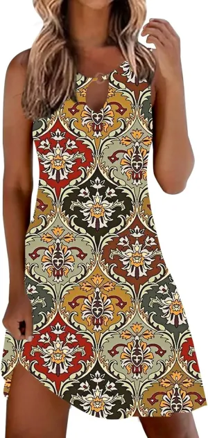 Women's Summer Floral Dress 2025 Keyhole Sleeveless Sundress Casual Boho Trendy Dresses Vacation Outfits