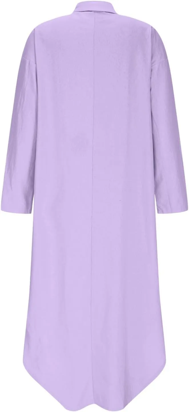 Women's Summer Midi Shirt Dresses Button Down Long Sleeve Lapel Casual Cotton Linen Dress Loose Maxi Side Slit Shirts