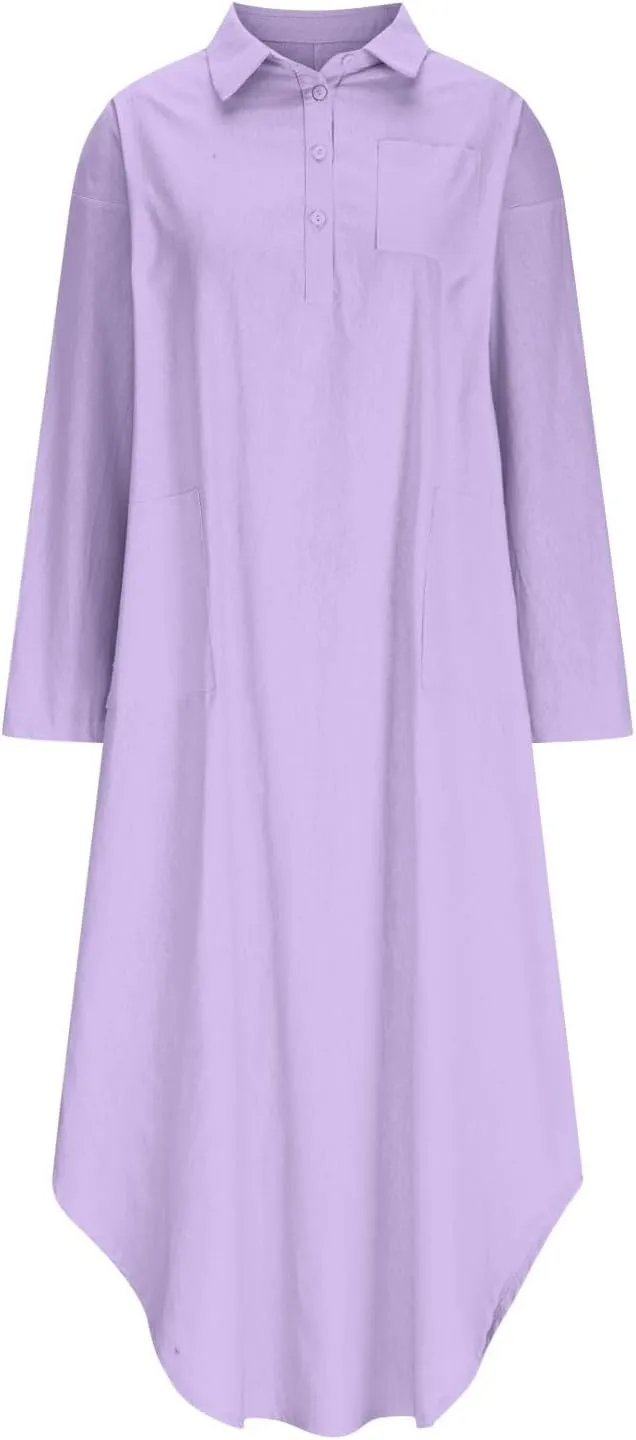 Women's Summer Midi Shirt Dresses Button Down Long Sleeve Lapel Casual Cotton Linen Dress Loose Maxi Side Slit Shirts
