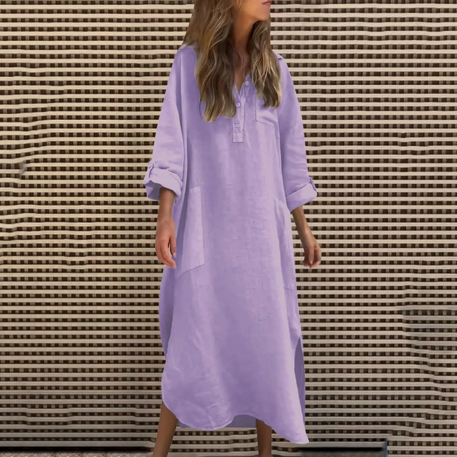 Women's Summer Midi Shirt Dresses Button Down Long Sleeve Lapel Casual Cotton Linen Dress Loose Maxi Side Slit Shirts