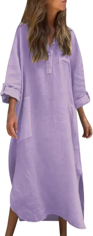 Women's Summer Midi Shirt Dresses Button Down Long Sleeve Lapel Casual Cotton Linen Dress Loose Maxi Side Slit Shirts