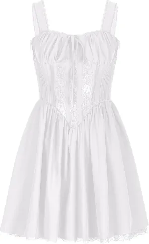 Women's Summer Sleeveless Mini Dress Sexy Lace Slim Waist Casual Dresses Square Neck Lace Up Solid Color A Line Dress