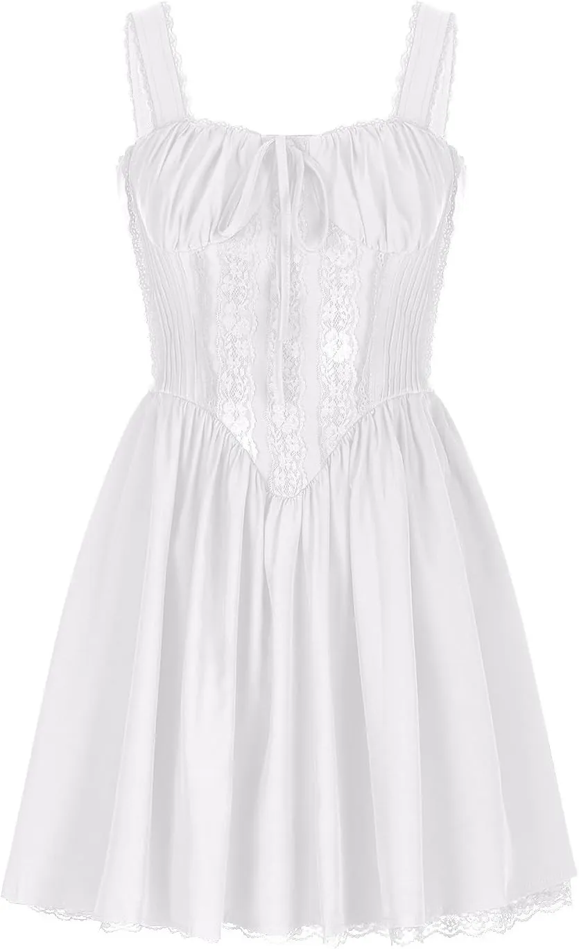 Women's Summer Sleeveless Mini Dress Sexy Lace Slim Waist Casual Dresses Square Neck Lace Up Solid Color A Line Dress