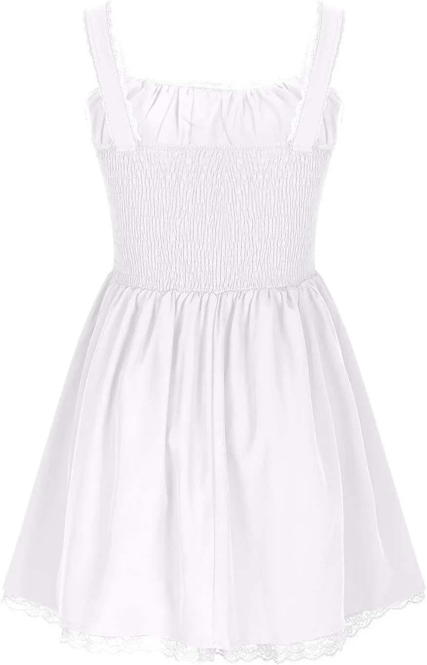 Women's Summer Sleeveless Mini Dress Sexy Lace Slim Waist Casual Dresses Square Neck Lace Up Solid Color A Line Dress