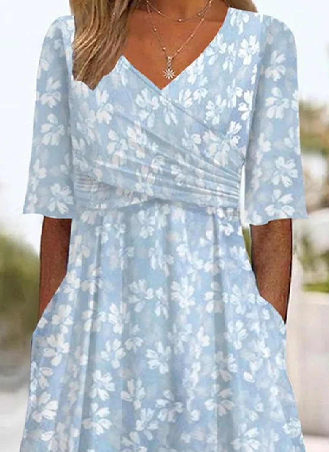 Womens Summer Wrap V Neck Short Sleeve Floral Midi Dress with Side Pockets Casual A-Line High Waist Dress